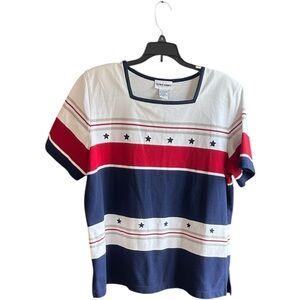 Alfred Dunner red white and blue stars and stripes poly cotton textured top Sz L